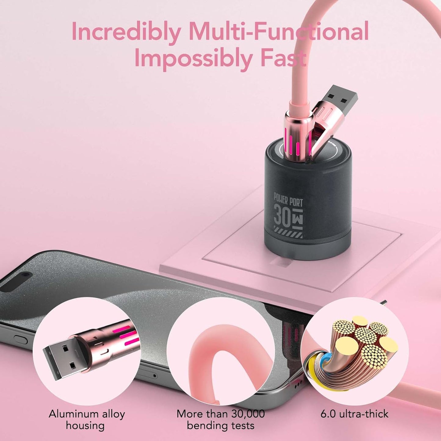 240W 4-in-1 Fast Charging Cable, Pink, 6.6FT | Carrying Case, USB-A & USB-C to USB-C/Lightning, For iPhone 17/16/15/14, MacBook, iPad, Laptop, Samsung S25/S24