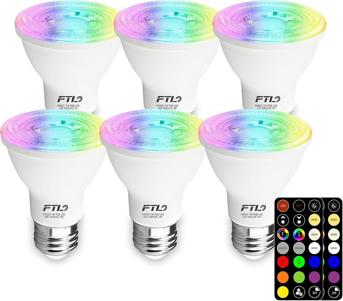 FTL PAR20 LED Bulbs Color Changing Light Bulbs with Remote Control, Dimmable RGB Colored Bulbs 2700K-6000K 7W 60W Equivalent, Timer,30 Colors, Flood Light for Track Recessed Lighting, 6-Pack