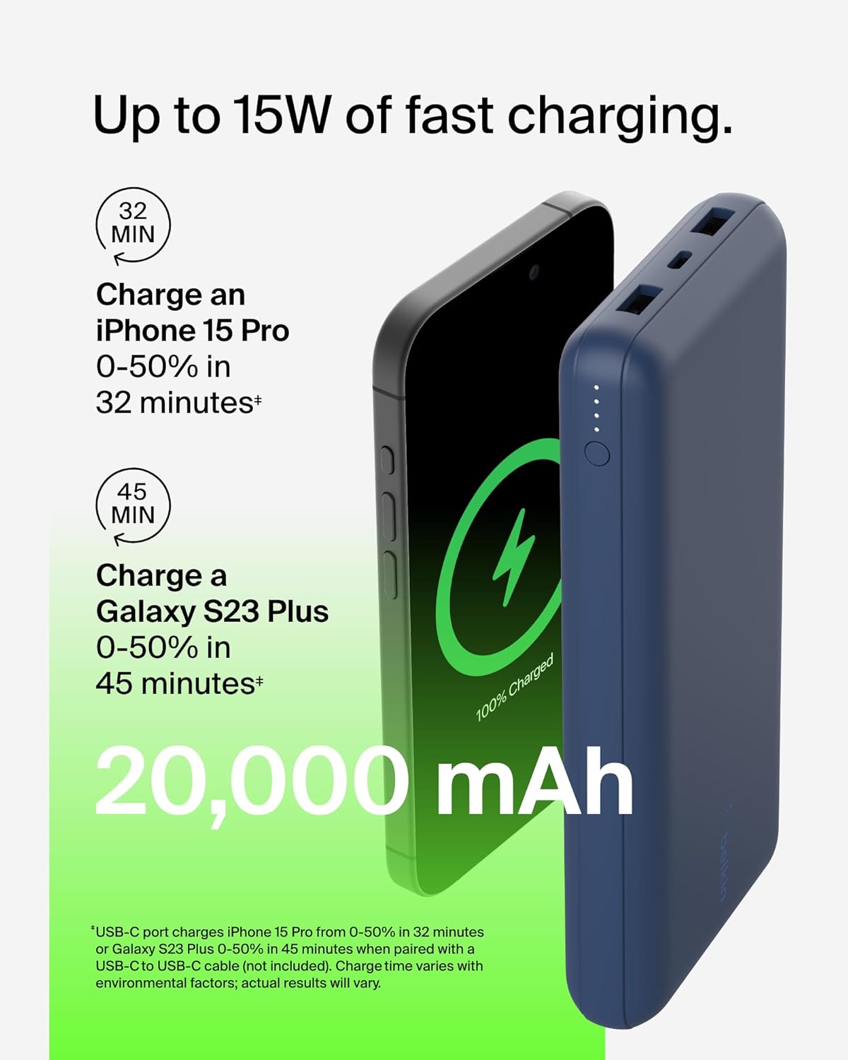 Belkin 20000mAh 15W 3 Port Power Bank, USB A to USB C Cable Included | Fast Charging, iPhone 17, Samsung Galaxy, Pixel, Airpods, iPad, Nintendo Switch 2, Battery Pack, USB C Port, USB A Port