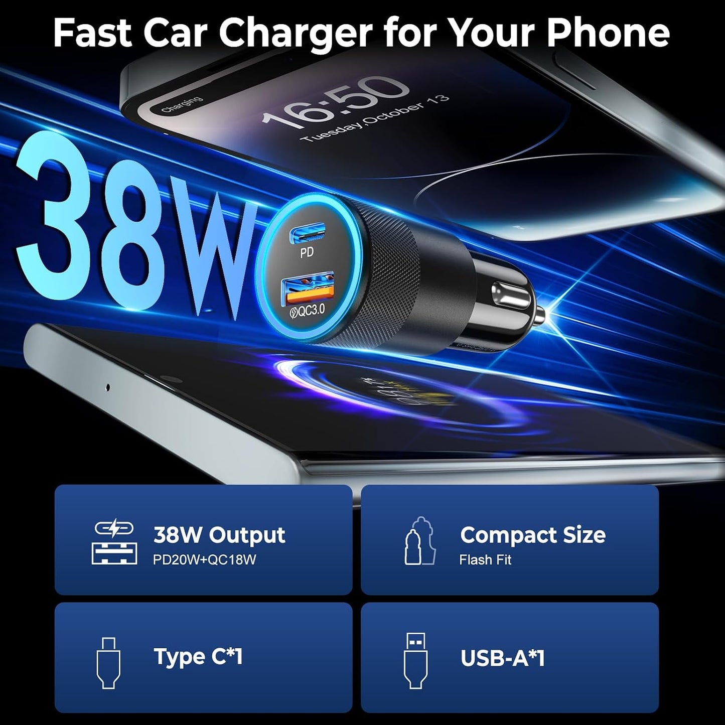 6 Pack USB C Car Charger, Ancekoy 38W USB-C + USB-A Car Charger Adapter | Fast Charge PD/QC 3.0 Cigarette Lighter Adapter USB Charger Plug for iPhone 17/16/15/14/13/12/11/Pro Max, iPad, Samsung