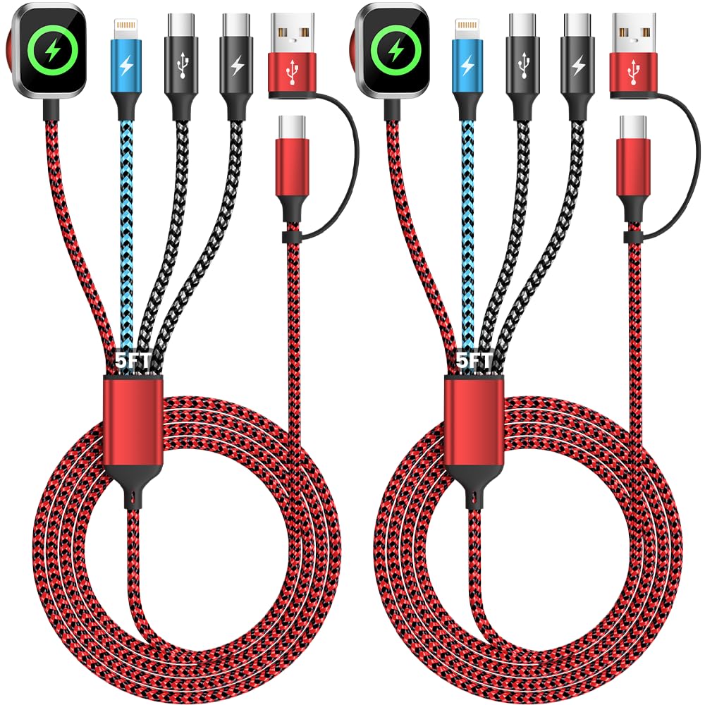 Travel Essentials 4 in 2 Multi Charging Cable for iWatch Charger 2Pack,5FT | Camping/Vacation/Cruise Essentials 2026 with Dual Type-C/ Apple Watch Charger/IP for iWatch 11-2/Ultra,iPhone 17-8,Galaxy,Car