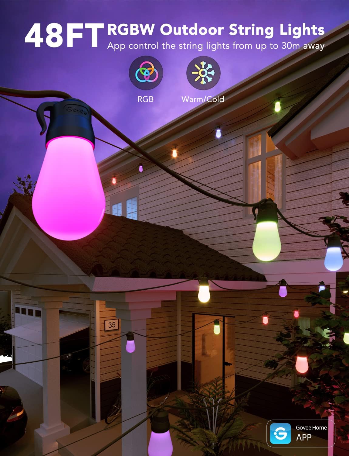 Govee Smart Outdoor String Lights H7015, 48ft RGBIC, IP65, 47 Scene Modes | 15 Dimmable LED Bulbs Outdoor Lights with Color Changing Warm White Lights for Patio, Backyard, App Control, Bluetooth