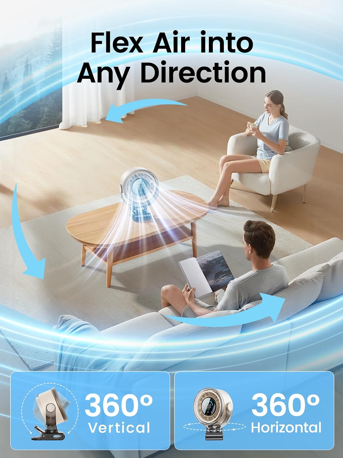 Clip on Fan, Rechargeable USB Fan with Sturdy Clamp, LED Display, 100 Speeds, 3000mAh Battery, 360° Rotation, 5.5 Inch Portable Fan for Stroller Bed Camping Treadmill Car White