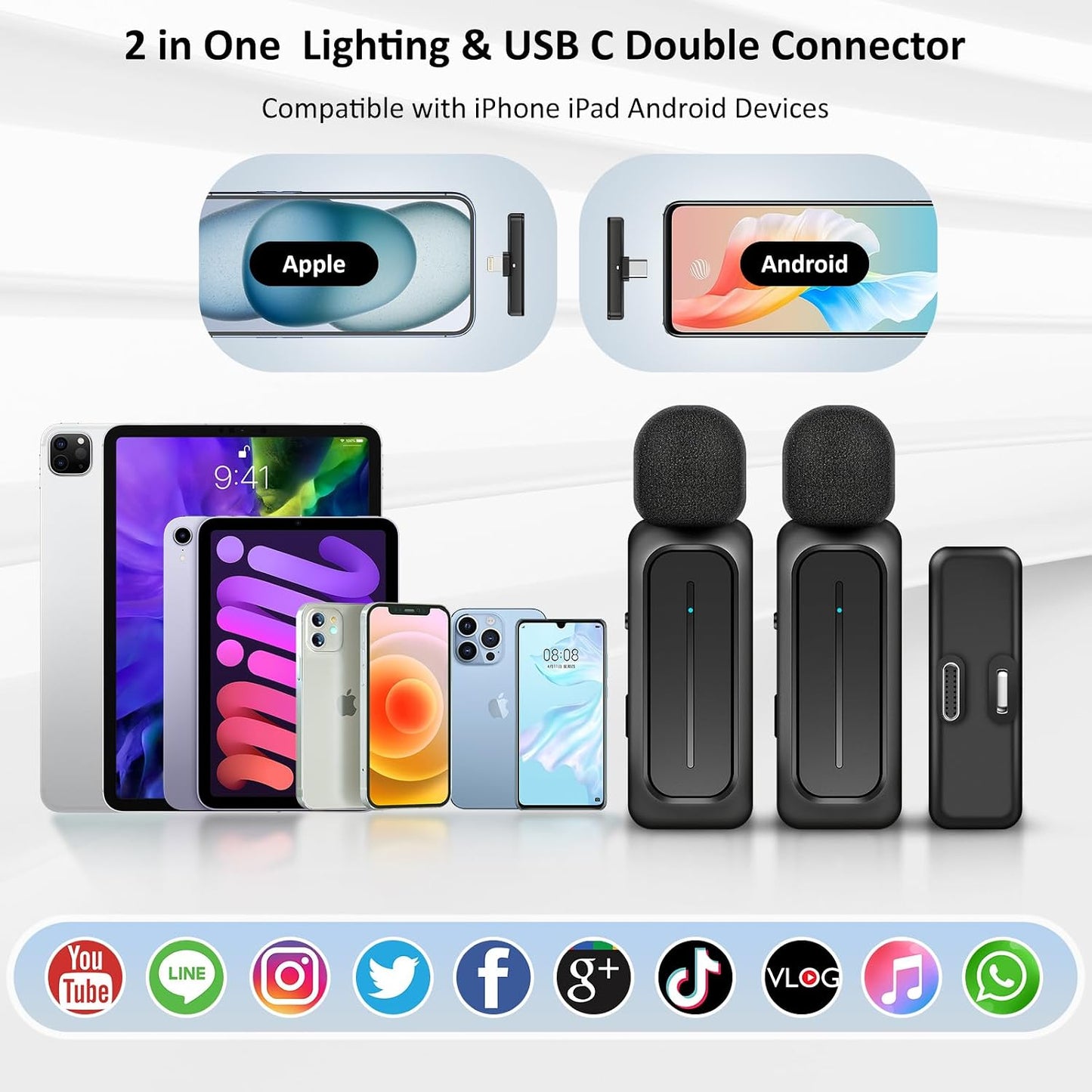 Ecomxia 2 Pcs Wireless Lavalier Microphone for iPhone iPad Android with Charging Case 7H Clip on Lapel Microphone Wireless for Video Recording Vlogging, YouTube, Interview, 3 Mode Denoise, 70ft