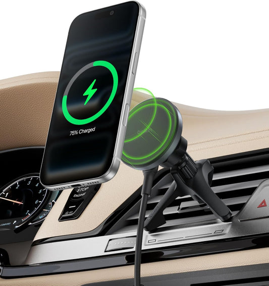 Belkin Qi2 15W Magnetic Wireless Vent Mount, Fast Charging Car Charger | MagSafe Compatible, iPhone 15/16/17, Samsung Galaxy S26, AirPods, iPads, MacBook, Chromebook, Car Phone Charger