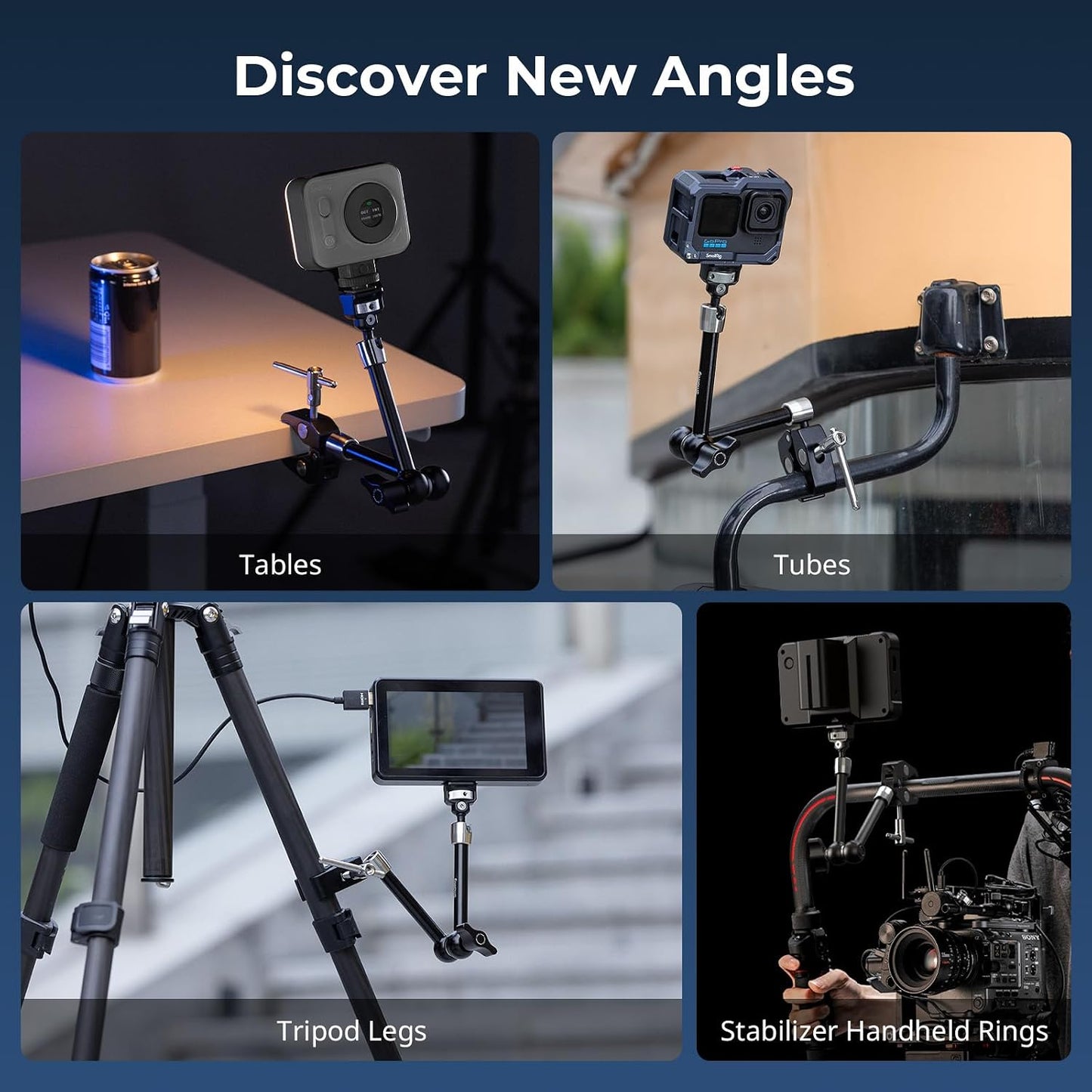 SMALLRIG 11" Magic Arm Clamp with 1/4"-20 Screw & Retractable Pins | for Action Cameras, Monitors, Lights, and Microphones