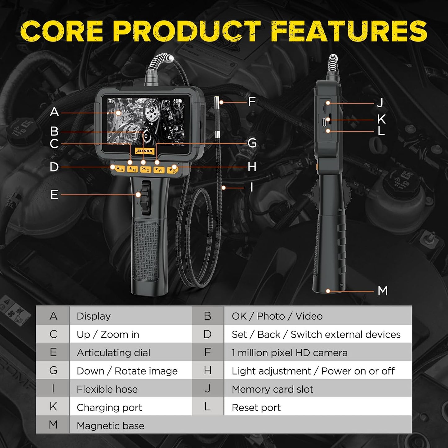 AUTOOL SVB208 Articulating Video Borescope, Endoscope Camera with Light,6.25mm Ultra-Thin Probe,4.3" LCD with 8X Zoom Articulated Camera,IP67 Waterproof Snake Camera for Automotive Engine Inspection