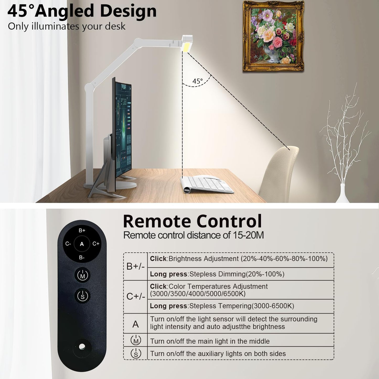 Architect Desk Lamp for Home Office, 24W Adjustable Led Desk Light with Remote, 1500LM Bright Dimmable Computer Table Light Rotatable Office Lamp with Base for Cafting Monitor