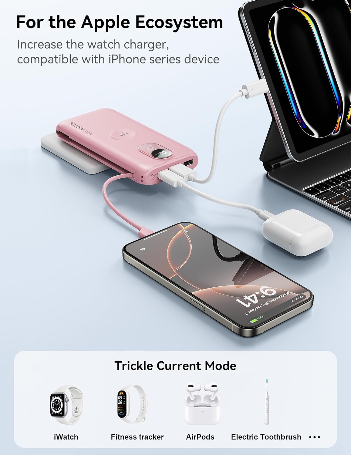 Portable Charger 10000mAh 20W, Wall Plug, 2 Cables, iWatch Charging | Digital Display, Compact Lightweight, USB C Fast Charge, USB-A 18W, Multi Protection, Travel Essential, for iPhone 17 16, Pad