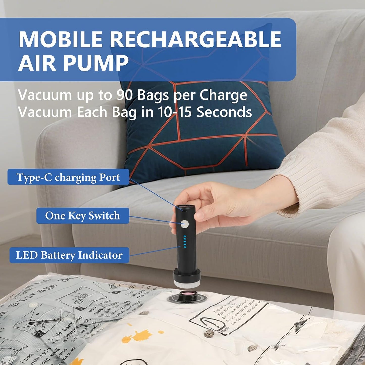 18 Pack Travel Vacuum Bags for Clothing with Rechargeable Wireless Air Pump | Compression Seal Packing Bags for Luggage Suitcase,Carry-on Size Space Saver Vacuum Storage Bags