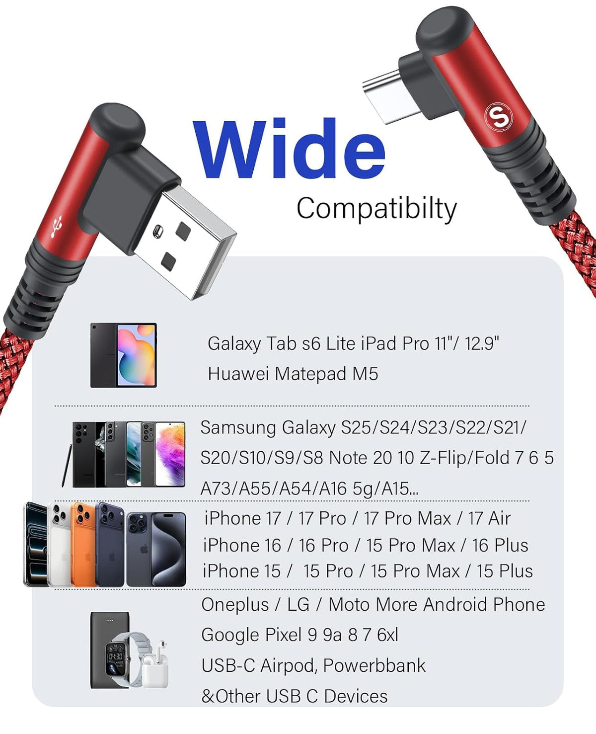 USB to USB C Cable 3.1A Fast Charge Right Angle CarPlay 6.6ft 2-Pack Red