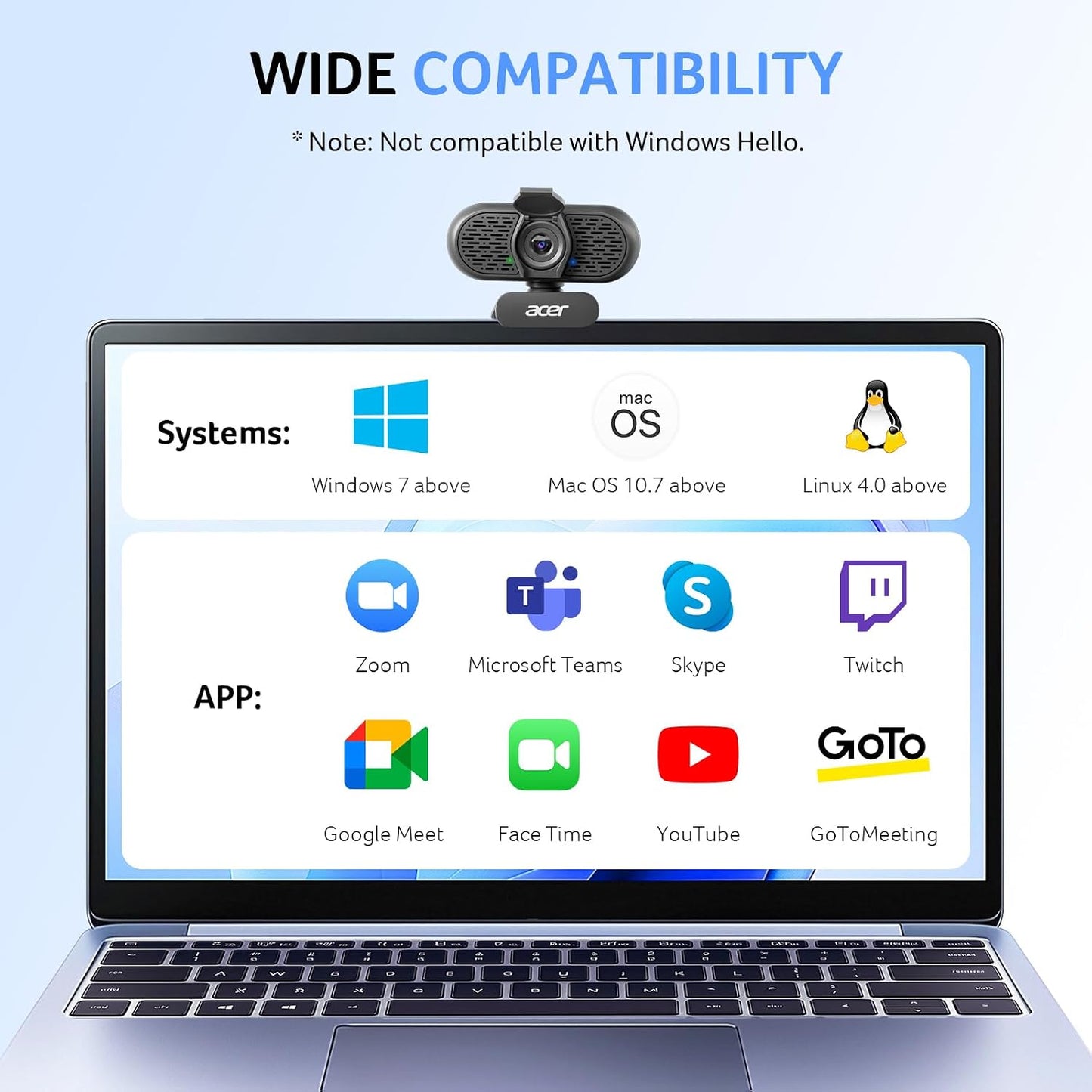 Acer 1080p Webcam USB Plug and Play Webcam for PC with Noise Cancellation Microphones Computer Camera for Desktop Streaming Gaming Online Meeting Wide Angle Privacy Cover A-to-C Adapter Easy Setup