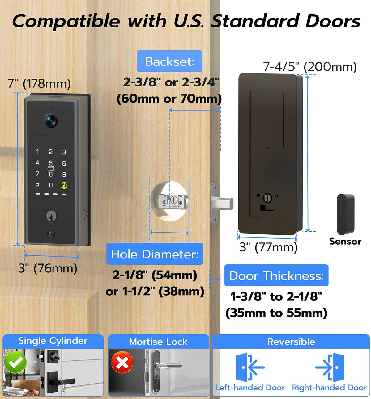 Anweller MD2 Smart Deadbolt Lock with Camera, Fingerprint Keyless Entry Door Lock for Front Door, Built-in WiFi, 10000mAh Battery, Door Sensor, Code Keypad, RFID Card, App Remote Control