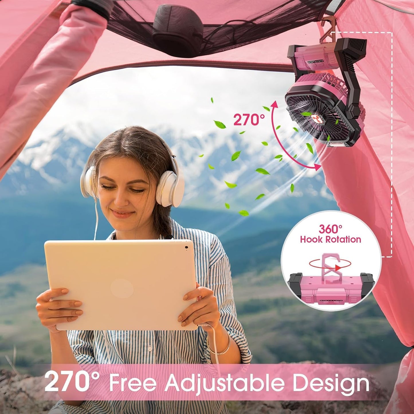 Portable Fan Rechargeable 20000mAh Cordless Battery Powered Camping Fan | with LED Lantern, Small Table Fan, USB Battery Operated Fans for Travel Bedroom Home Camping Tent Office Beach Desk Pink