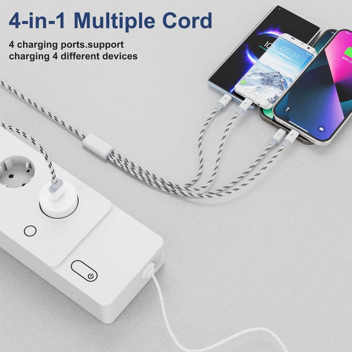 USB A/C Multi Charger Cable, 4 in 1 Charging Cords for Multiple Devices 10ft | 4 in 1 USB Phone Charger Cord 3A Extra Long Multiple Cable with USB C, Micro USB Universal Charging Cord for Cell Phones more
