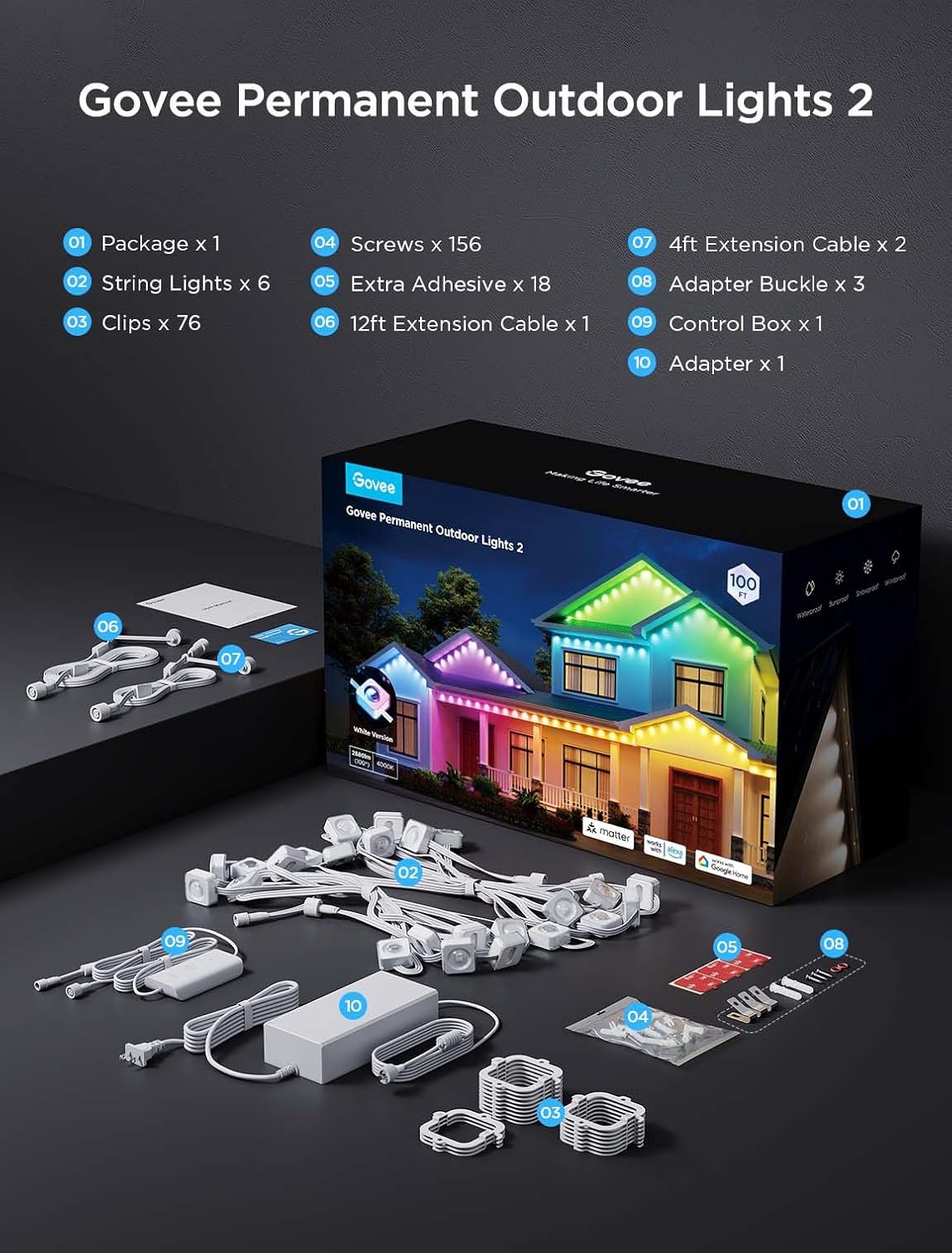 Govee Permanent Outdoor Lights 2, 100ft RGBIC Outdoor Lights with 16 Million Colors, IP67 Waterproof, 100 Scene Modes for Outdoor & Patio Area, Works with Alexa, Google Assistant, White