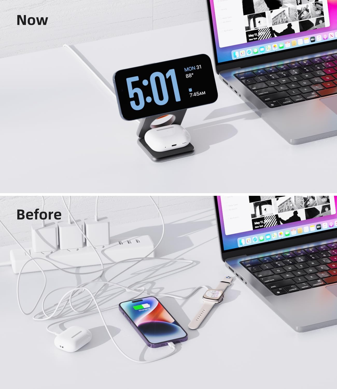 KU XIU Foldable 3-in-1 Magnetic Wireless Charging Station for Apple Devices | Aluminum Alloy Compact Design, Foldable Travel Charger Stand with 20W Adapter for iPhone 17-12, 5W for Apple Watch & AirPods