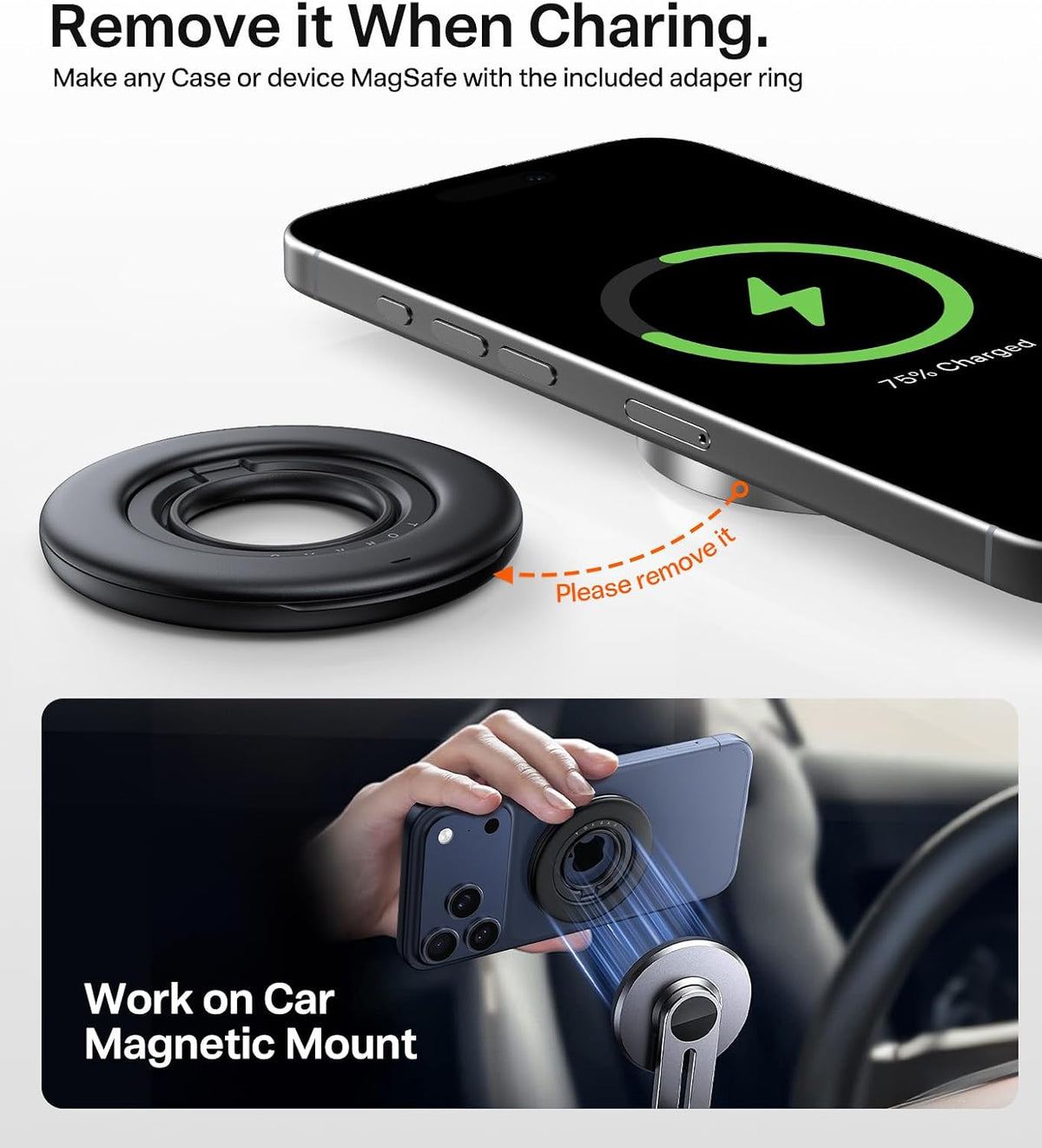 TORRAS 2025 Flagship 360 Magnetic Phone Grip Ring Holder Kickstand, Black | [2-Sided Magnetic] [360 Rotation] Fit for MagSafe Accessories for iPhone 17 16 15 14 13 12 11 Samsung, Google, Black