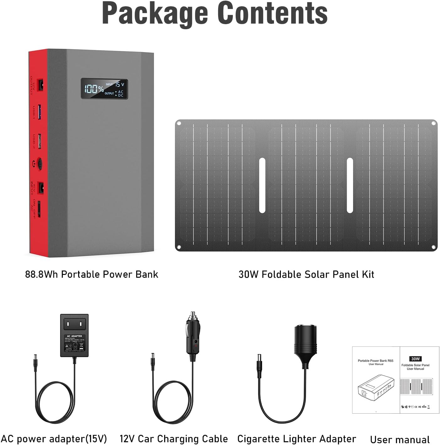 Portable Solar Power Bank with AC Outlet 65W 110V External Battery Pack | 24000mAh Portable Laptop Charger with Foldable Solar Panel 30W for Outdoor Smart Devices Camping Hiking Trip Off Grid Backup