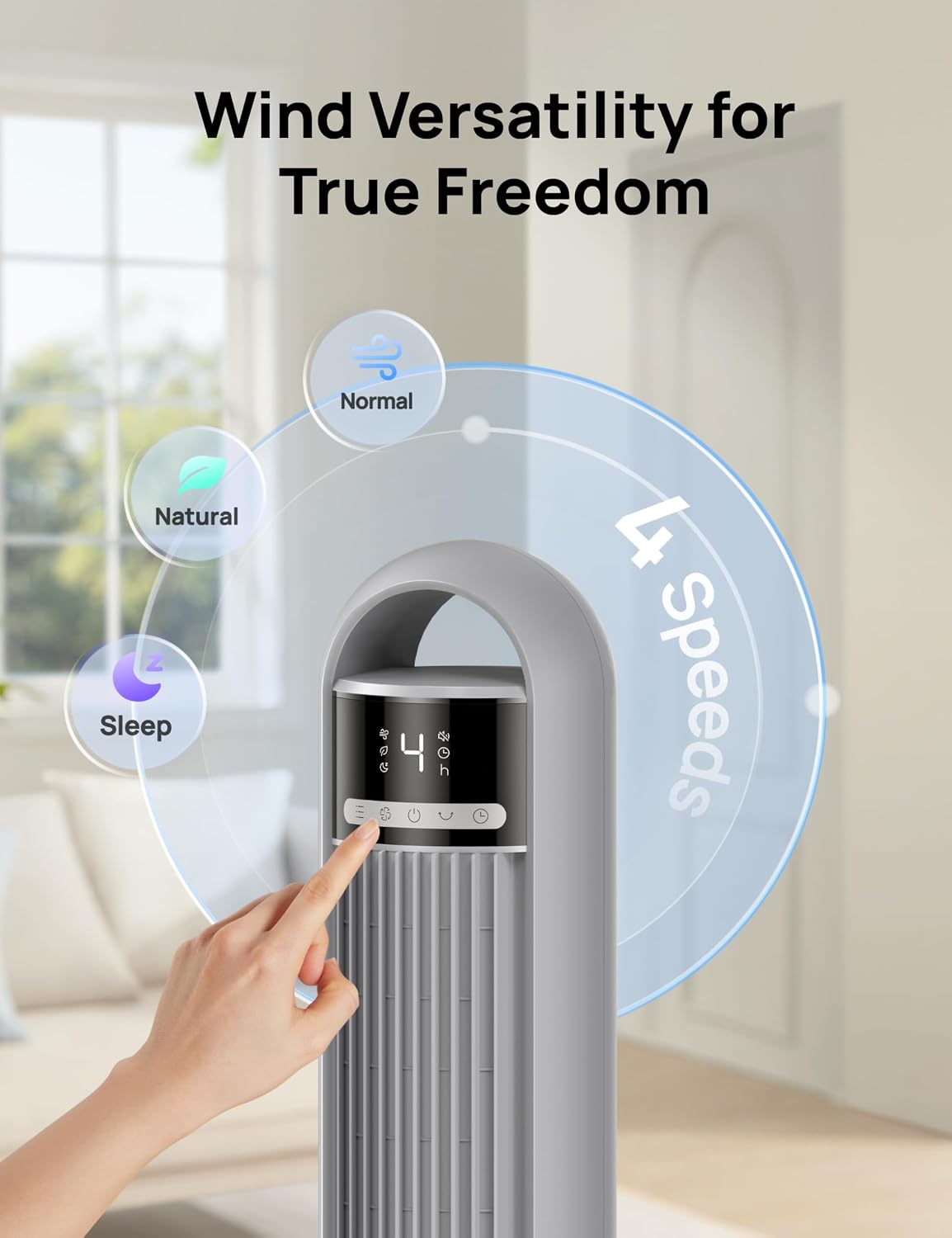 DREO Tower Fan for Bedroom, 26ft/s Velocity, 90° Oscillating, 8H Timer | 4 Speeds, 3 Modes, 28dB Quiet Standing Fan, Floor Fan for Room, Living Room, Office, Home, Cooling Fan with Remote, Grey