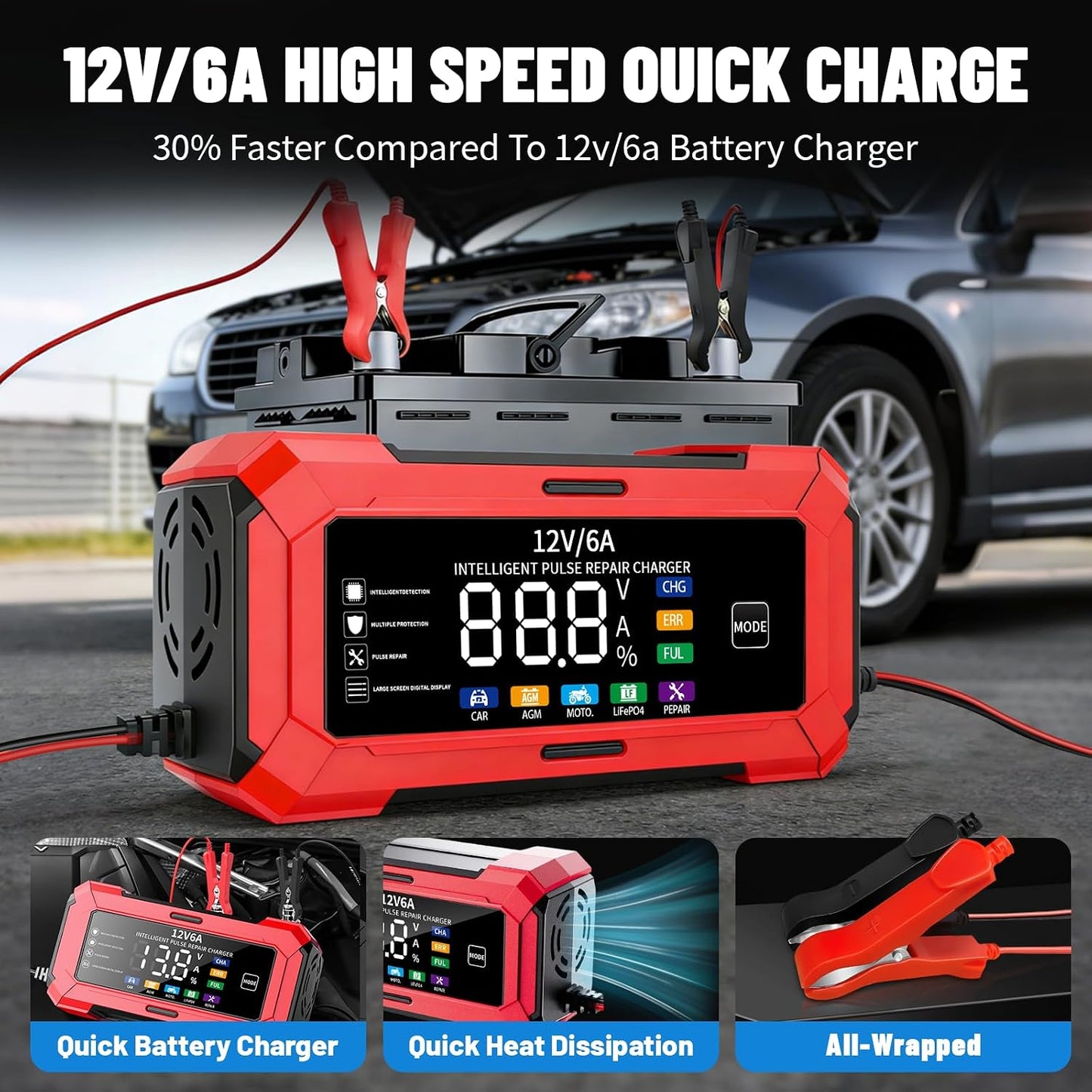 12V Smart Car Battery Charger with LCD Display, Automatic Trickle Charger, Jump Starter Red, Multiple Protection, Pulse Repair Technology, Compatible with 1100/ABS/APRC/RSV4 Models
