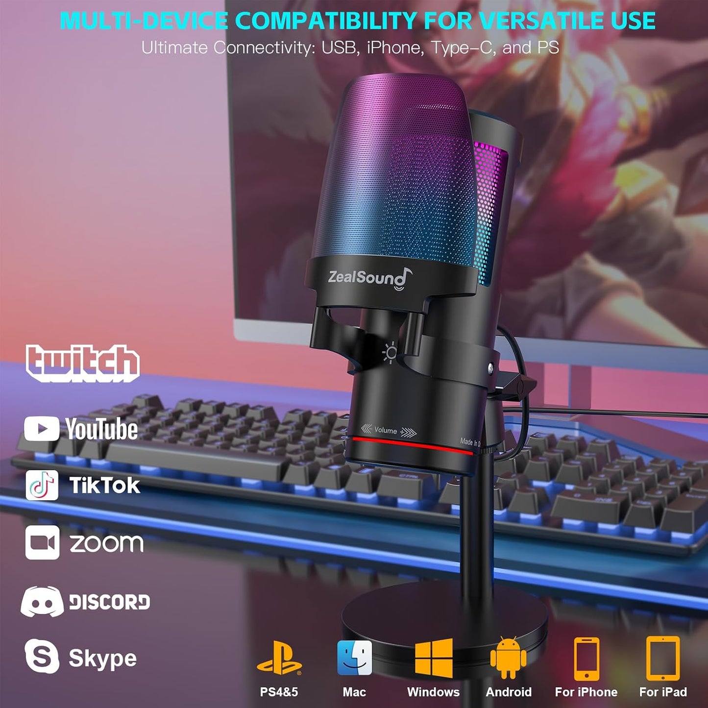 ZealSound USB Microphone for PC Mac iPhone & Android, Podcast Mic with Noise Cancellation, Touch Mute, RGB Light, Volume & Monitor Control, for Streaming Gaming Podcasting ASMR TikTok Discord YouTube