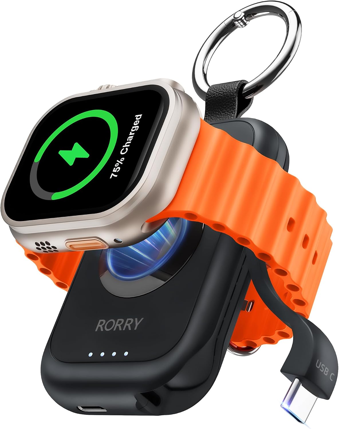 RORRY CharmGo for Apple Watch Charger, 2500mAh Portable Charger for iWatch | Fast Charging Travel Keychain Charger with Built-in USB C Cable for Apple Watch Ultra Ultra Series 11 10 9 8 7 6 3 2