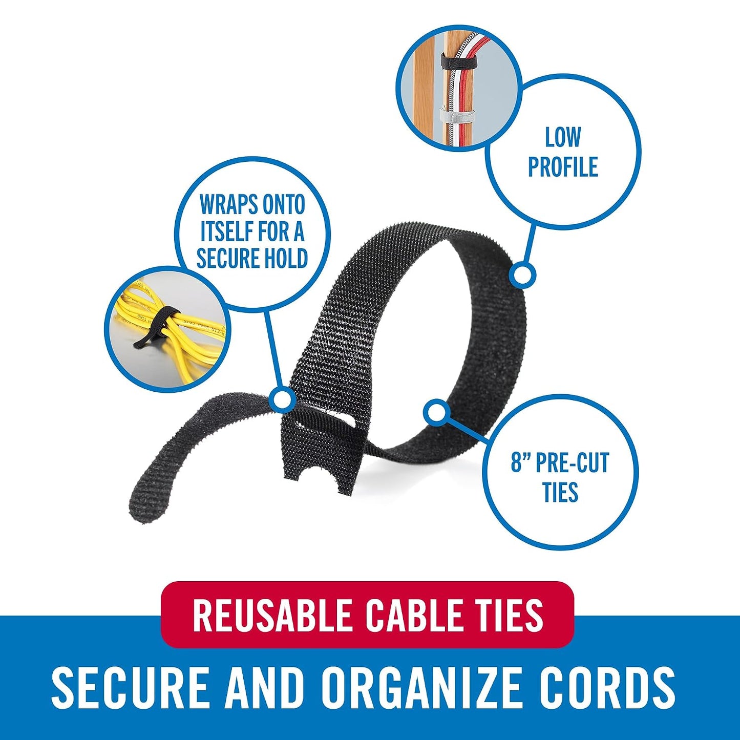 VELCRO Brand 150pk Cable Ties Value Pack, 8in | Gifts for Tech Lovers | For Wire Management and Cord Organizer | Replace Zip Ties with Reusable Straps, Reduce Waste