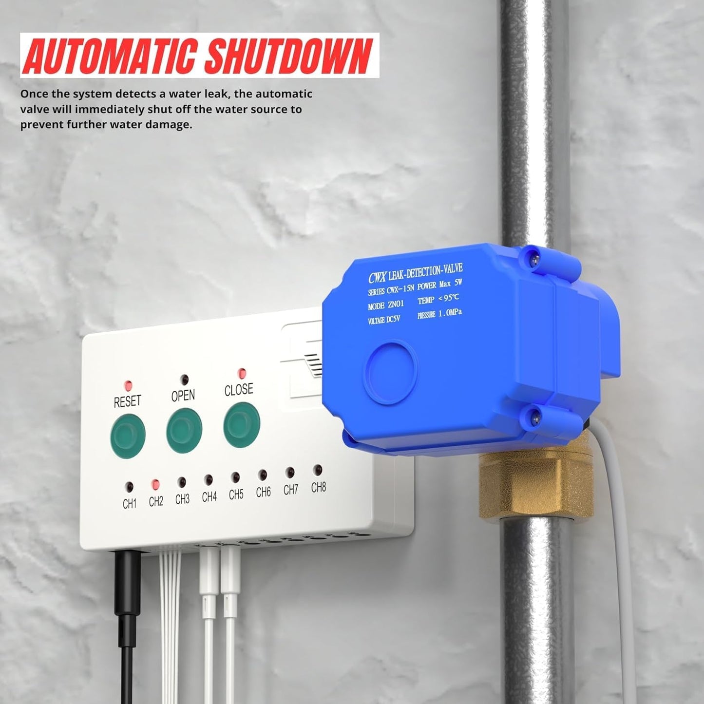 Water Leak Detector with 3/4” Brass Automatic Shut-Off Valve, Leak Alarm System with Controller and 2 Sensors, Supports Up to 8 Water Sensors for Home Flood Prevention