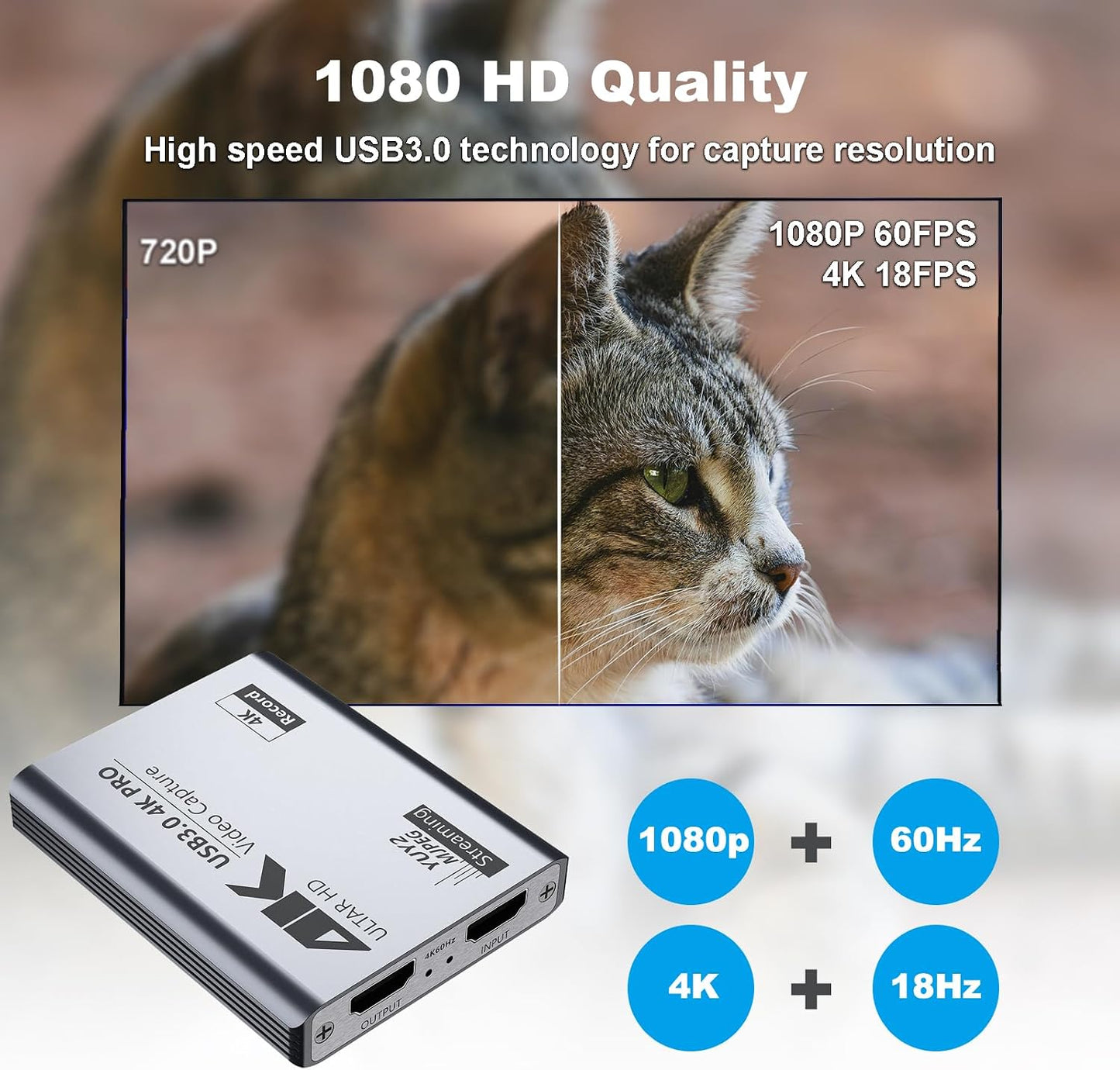 USB 3.0 4K Video Capture Card for PS5/Switch/Xbox/PC | 1080P60Hz/2K30Hz/4K18Hz Capture, 4K60Hz HDMI Loop-Out, High-Speed Interface, OBS Compatible, Near-Zero Latency, Plug & Play