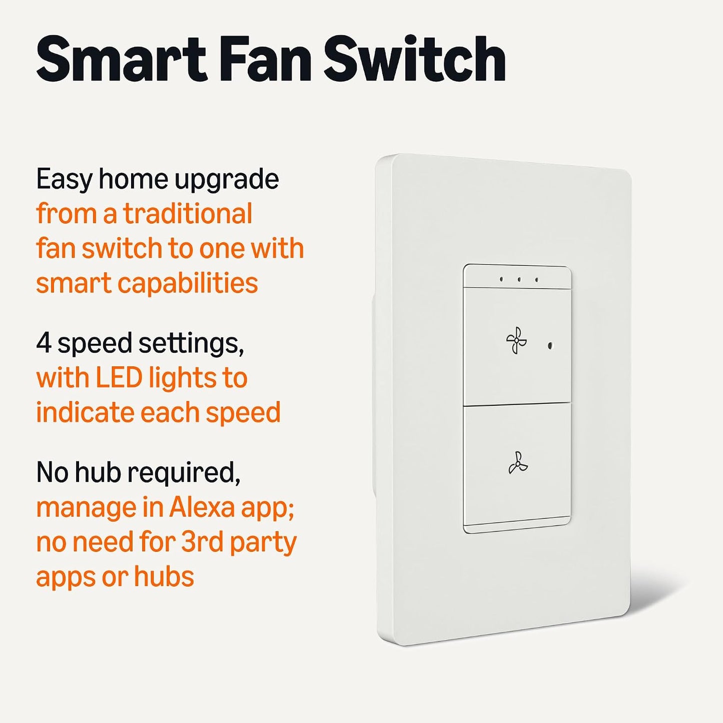 Amazon Basics Smart Ceiling Fan Control Switch, 4-Speed, Single Pole, Voice Control, Works with Alexa Only, Control from Anywhere, 2.4 GHz Wi-Fi, No Hub Required, White