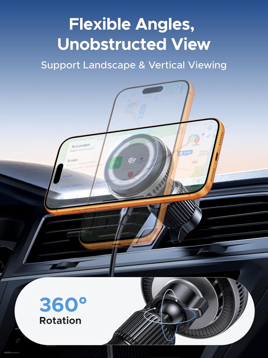 UGREEN Qi2.2 25W Wireless Car Charger Mount with Silent Cooling Fan (TEC) | Air Vent Clip and Fast Power, LED Lights, 360°Adjustable Car Phone Holder for iPhone 17-12 Series, 5FT Cable, No Adapter