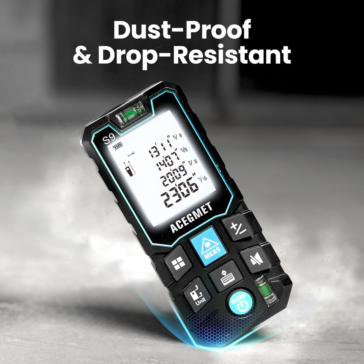S9 229ft/70m Laser Measuring Tool, LCD Backlit Display | 2 Bubble Levels, LCD Backlit Display, IP54 Waterproof, Pythagorean Mode, Ft/in/M Units for Distance, Area, Volume