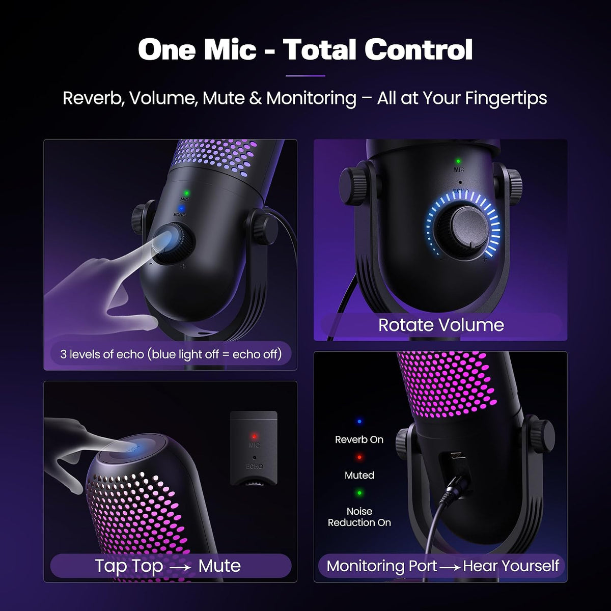 USB Microphone for PC Gaming: Condenser Microphone RGB for Gamer with Stand Mic - Recording Mic for Computer&amp;Laptop with Qiuck Mute - Desk Podcast Mic for Podcast &amp; Singing &amp; Streaming &amp; Youtube Black