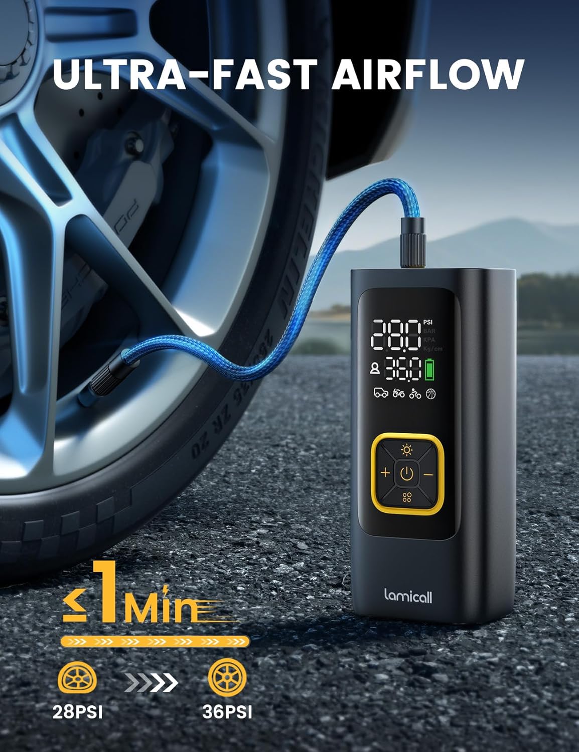 Lamicall Car Tire Inflator Portable Air Compressor, 4X Faster, 150 PSI | with Auto Stop, Rechargeable, Pressure Gauge Display, LED Light, Car Accessories Automatic Air Pump for Motorcycle Bike Ball