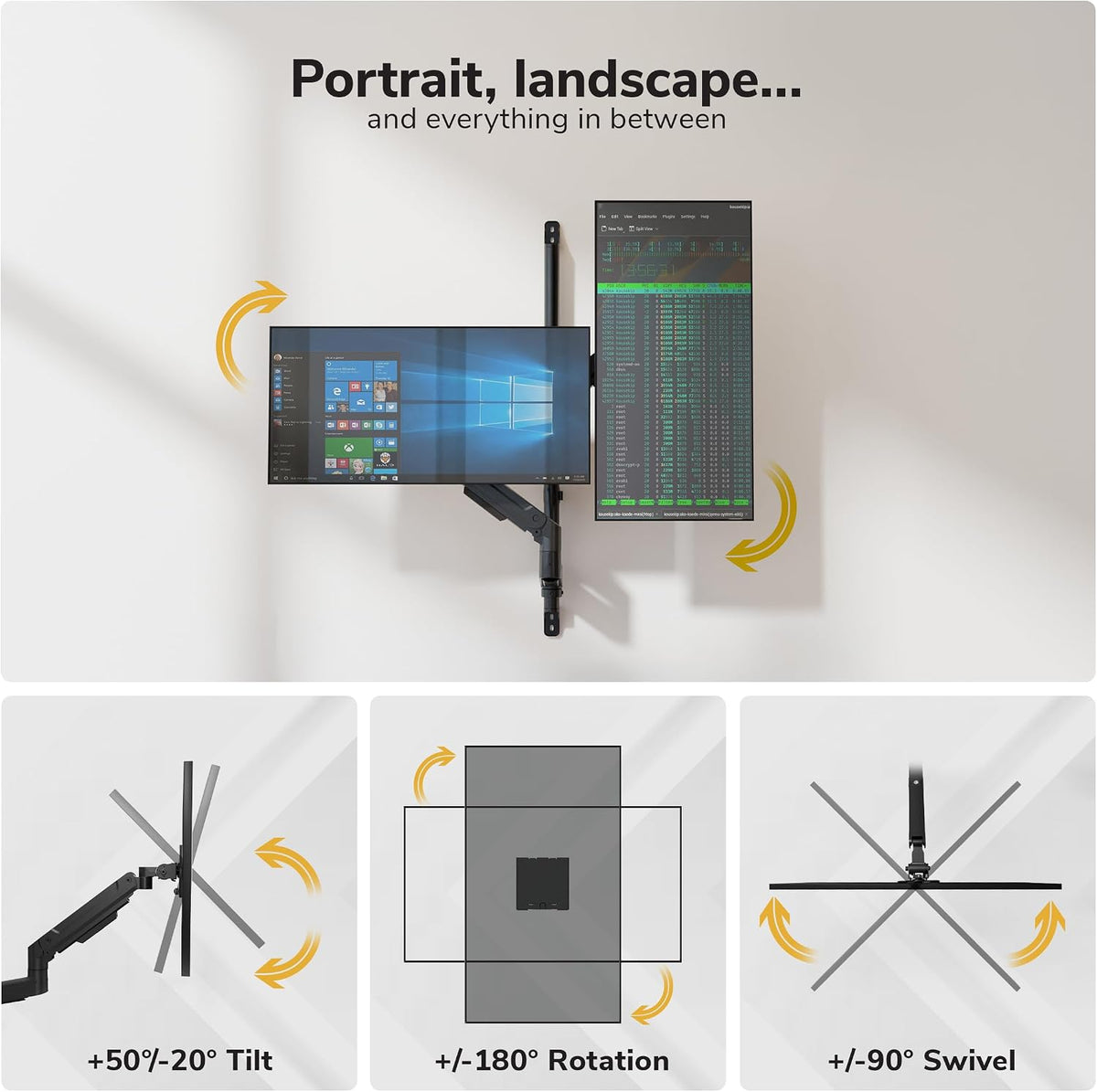 Mount-It! Dual Stacked Monitor Wall Mount, Heavy-Duty Gas Spring, 17-49 in