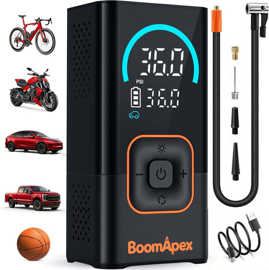 Tire Inflator Portable Air Compressor - Bike Pump with 2.88" Color Display, Real-Time Inflation Progress Bar, Air Pump with 0-150PSI Pressure Gauge, Memory Function & LED Light, Black Bike Accessories