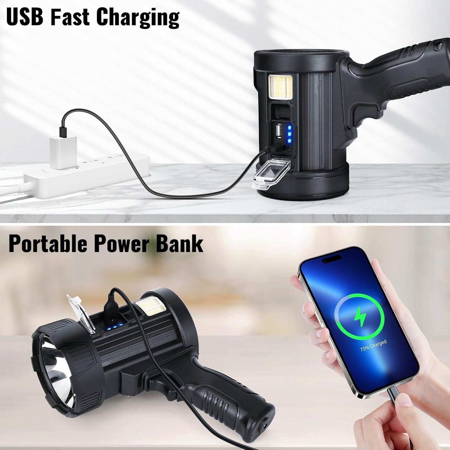 Sigoobal Rechargeable Spotlight,2000000 LM Super Bright Handheld Spot Light LED Flashlight High Lumens,Powered Spotlight Large Searchlight Outdoor with Solar Panels for Boating Camping Hunting