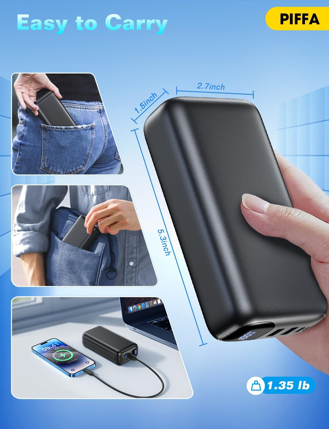PIFFA Portable Charger Power Bank,50000mAh 22.5W Battery Pack for iPhone | Fast Charging,LED Display,USB-C Phone Charger,Travel Camping Essential Battery Bank for iPhone 17/16, Samsung etc,Dark