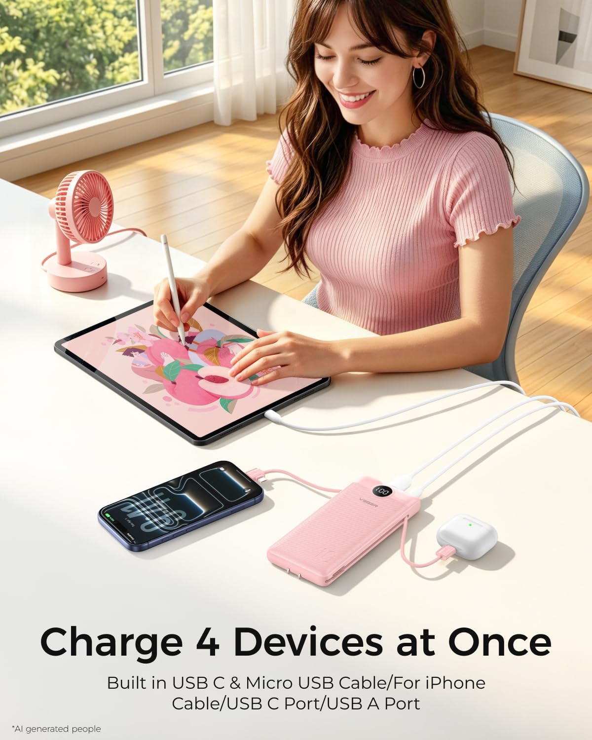 VEGER Portable Charger for iPhone, Power Bank Built in Cable and Wall Plug | 10000mAh Slim USB C Battery Pack, Travel Essentials for Camping Cruise Business Trip, Compatible with Smart Devices, Pink