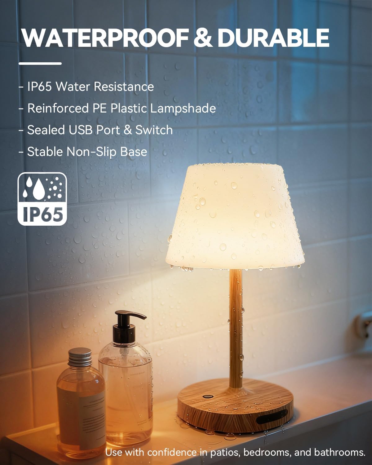 SAIWEYA Outdoor Waterproof Shower Lamp, 5200mAh Rechargeable Bathroom Lamp | IP65 Cordless Shower Light, Touch Dimming, Long-Lasting Battery, Versatile for Patio, Camping, Bathroom, Restaurant & Kitchen