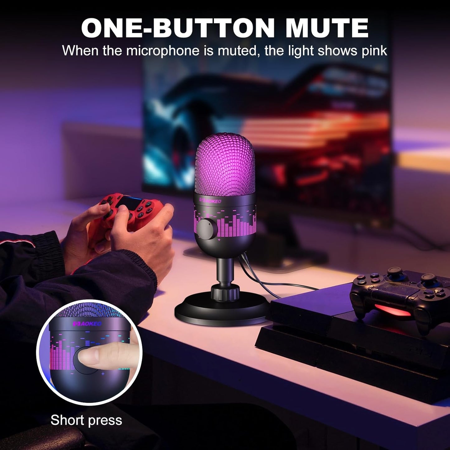 Aokeo Gaming Microphone, USB Computer Microphone for PC, Mac, PS4/5, Condenser Podcast Mic for Studio Recording, for Streaming Podcast YouTube, with Led Light