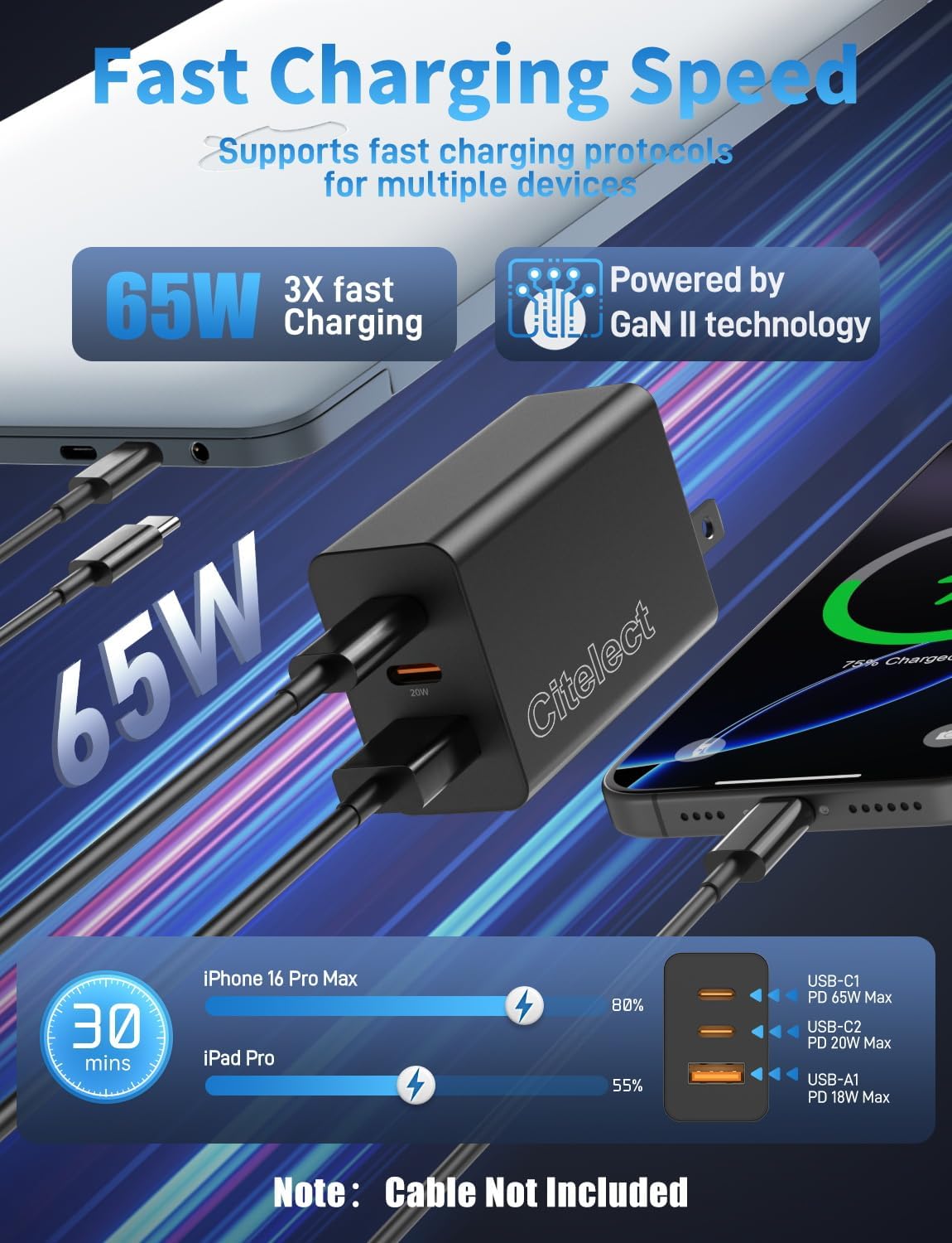 65W USB C Charger Block, 3Port Super Fast Charging Adapter for Samsung S26 | GaN Type-C Charging Block PD/QC 3.0 for Samsung S26/S25/S24, MacBook Pro/Air,iPad, iPhone 17/16 - 2Port USBC + 1Port USB A