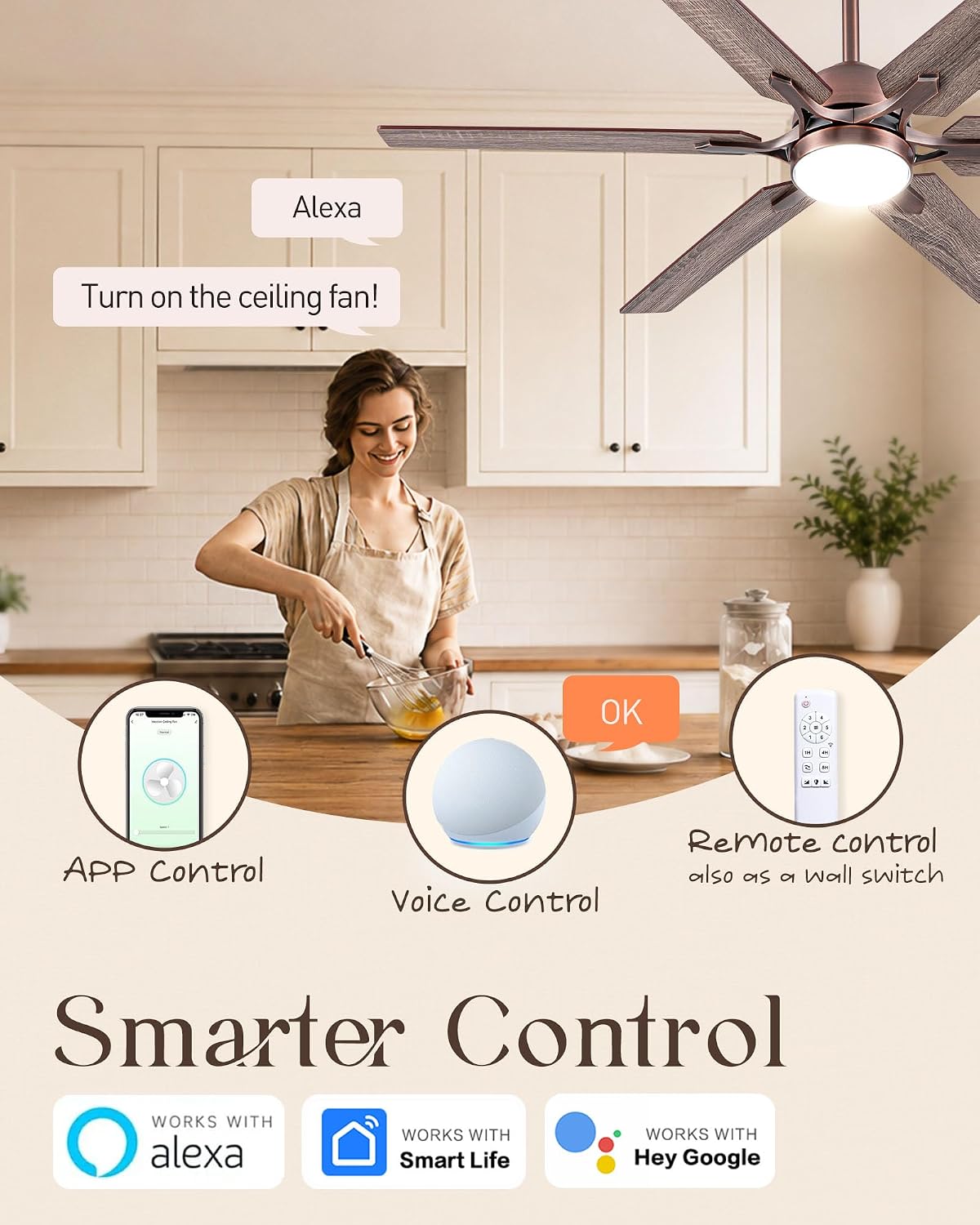 52" Smart Bronze Ceiling Fan with Light and Alexa Control in Indoor Space | Alexa/APP Controls,Quiet Reversible DC motor,Up to 6064CFM High Airflow,Dimmable,Timer,Dual Finish 6 Blades for Living room