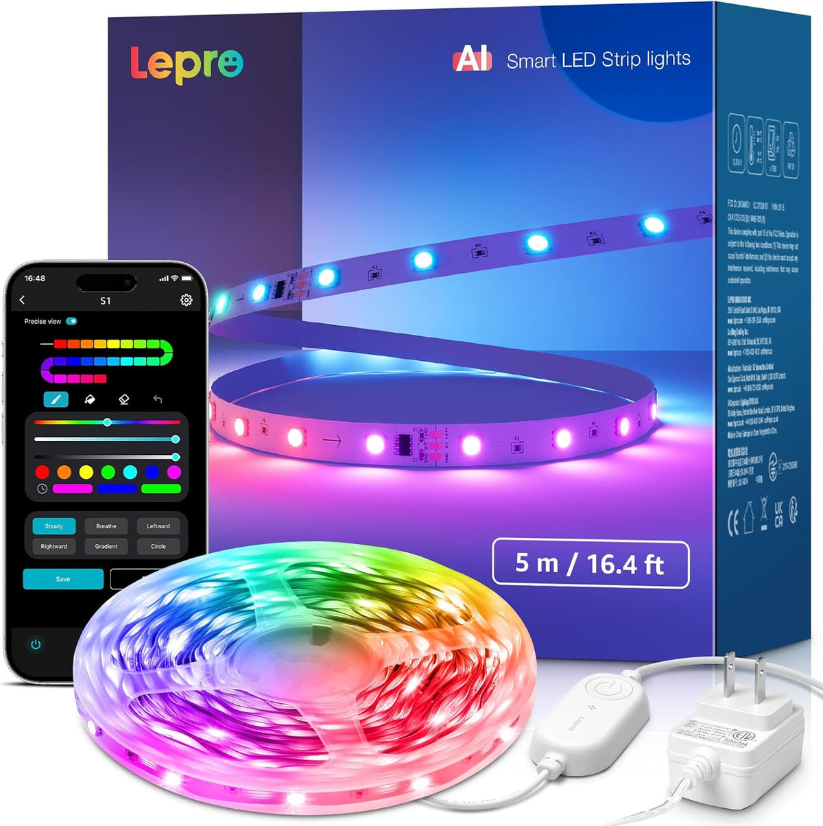 Lepro S1 AI LED Strip Lights for Bedroom - 16.4ft Smart RGB Light Strips with IC and Rainbow Chasing Effects, Color Segment DIY, Personalized Al Lighting Designer, No Remote, 2.4G Wi-Fi & Bluetooth