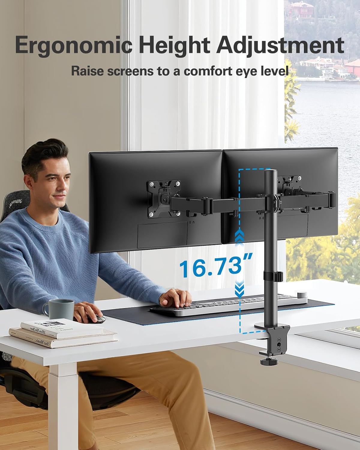 HUANUO Dual Monitor Mount for 13-32 Inch Screens, 17.6 lbs per Arm | Dual screen setup, tilt, swivel, rotation, 16.3 inch pole, cable clips, C-clamp or grommet, VESA 75x75/100x100mm