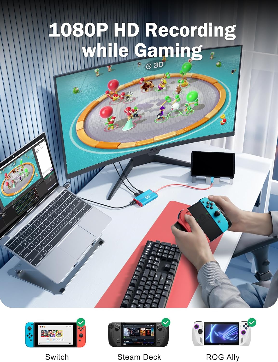 Lemorele USB‑C Video Capture Dock with HDMI Loop‑Out, 1080P@60Hz, 100W PD Charging, Plug and Play for Nintendo Switch/Steam Deck/Phones/Tablets, OBS Compatible