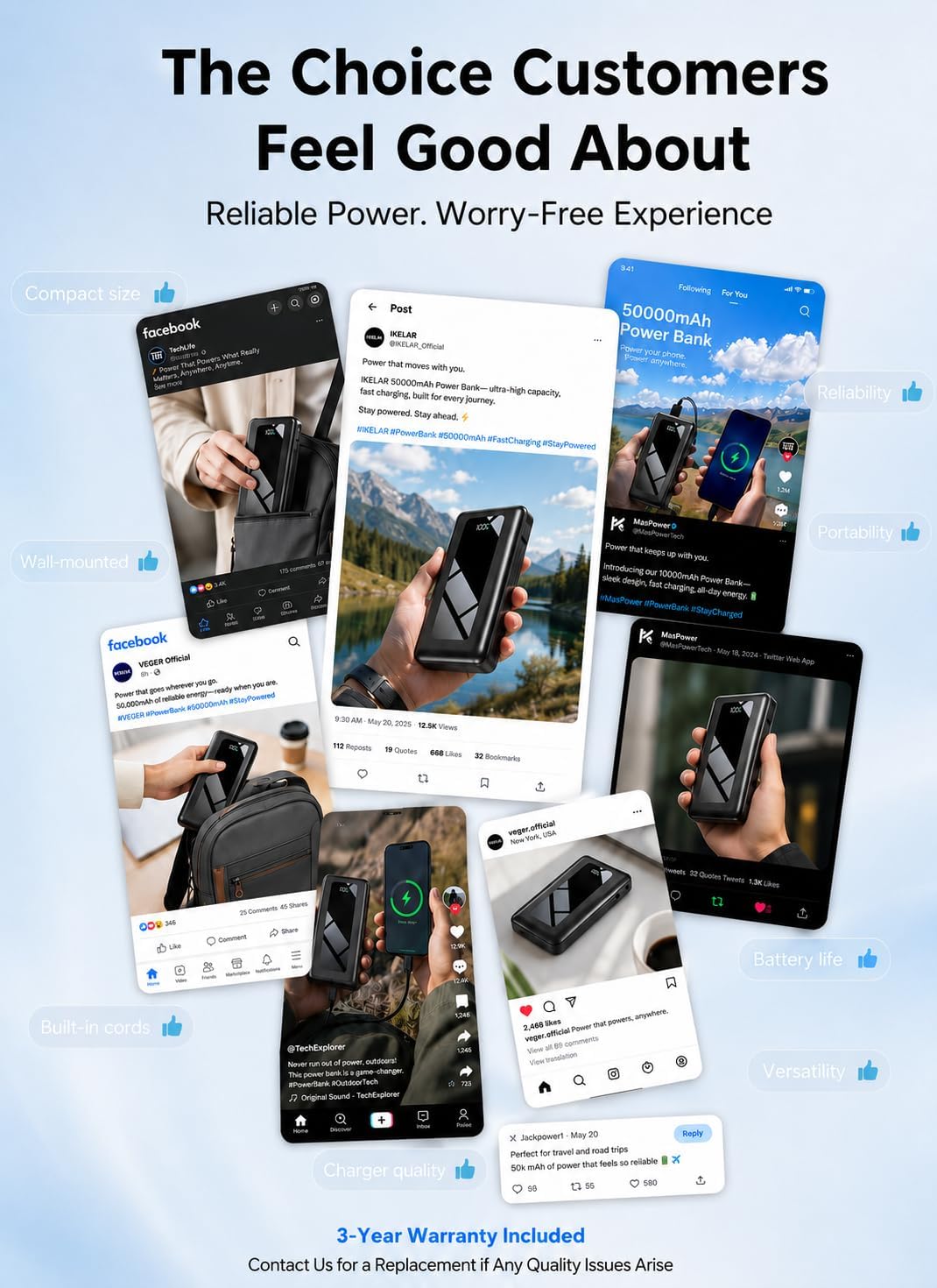 50000mAh Portable Charger Power Bank, Fast Charging with Built in Cables | Ultra-High Capacity, Travel Essential, Charge 4 Devices, Flashlight, for iPhone 17/16/15 Series, Samsung, iPad & Laptops Onyx