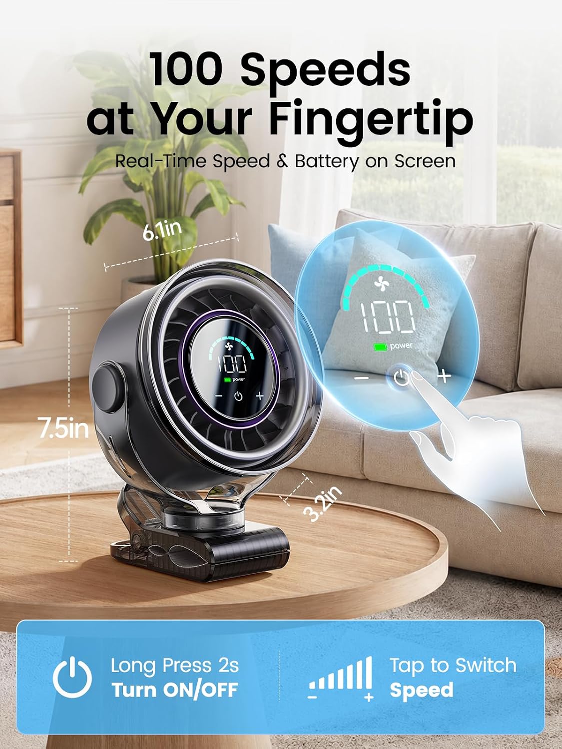 Clip on Fan, Rechargeable USB Fan with Sturdy Clamp, LED Display, 100 Speeds, 3000mAh Battery, 360° Rotation, 5.5 Inch Portable Fan for Stroller Bed Camping Treadmill Car Black