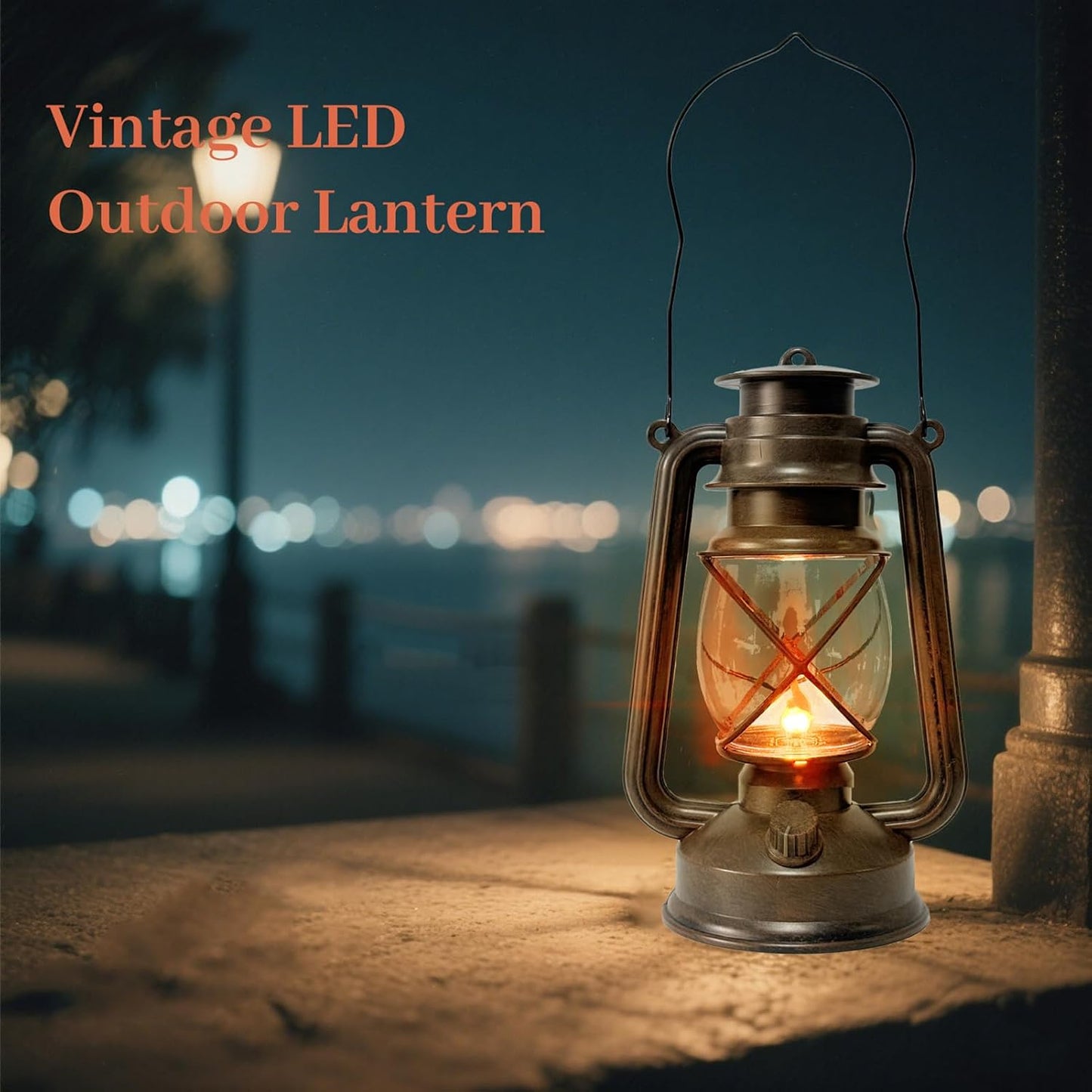 Vintage Lantern LED Outdoor Battery Powered Lanterns with Dancing Flame Wick Waterproof Camping Lamp Non-Solar Hanging Lantern Lights Landscape Decor for Indoor/Outdoor Use- Bronze Color